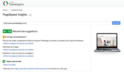 Le site internet CelineDesign sur Google Page Insight