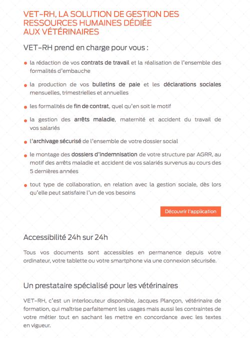 Les contenus du site internet de Vet-RH