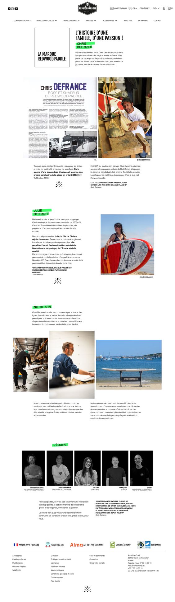 Aperçu de la page « à propos » du site internet RedwoodPaddle